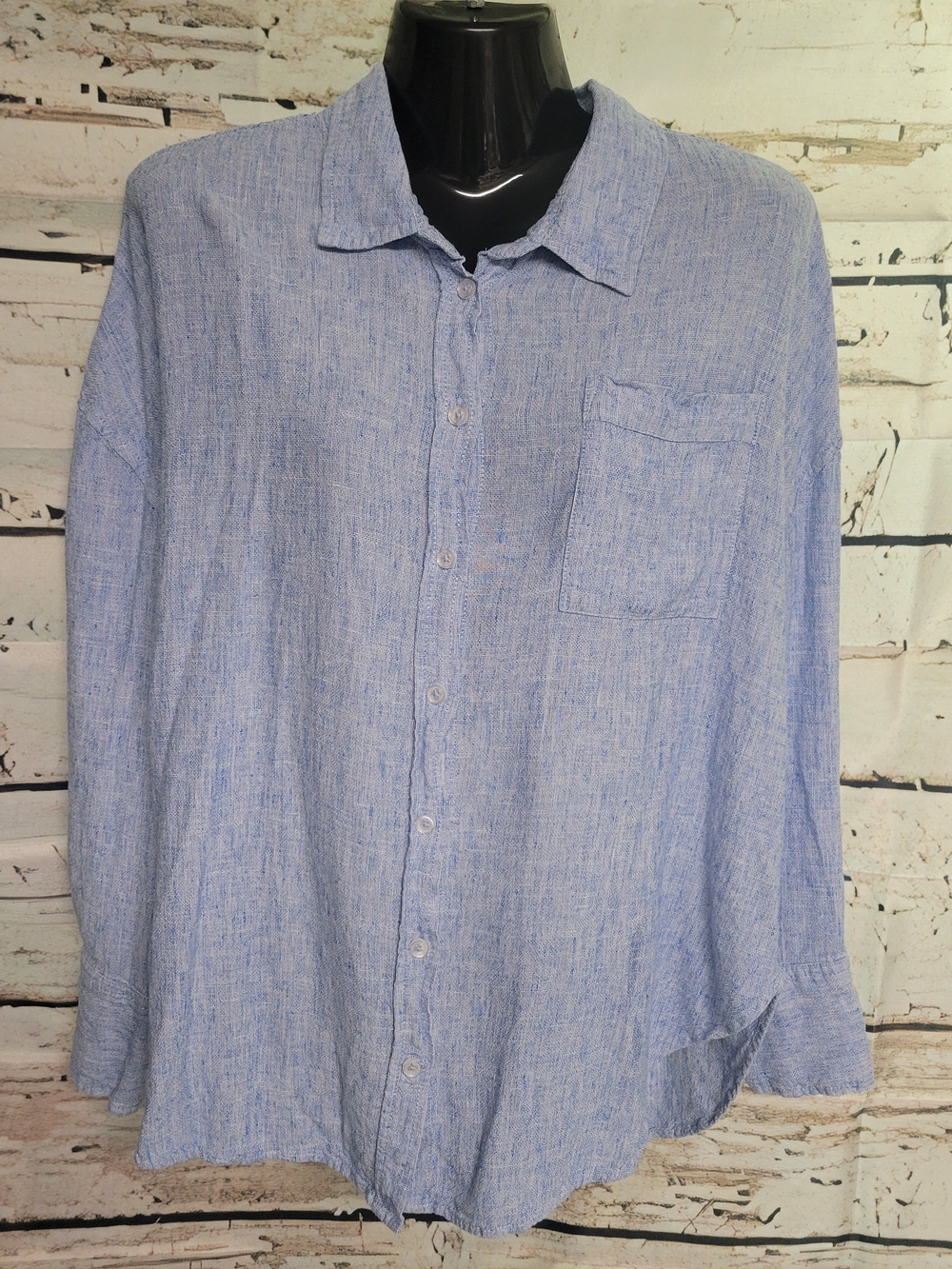Silver Jeans Co Emma Boyfriend Fit Linen Blend Button Up Shirt Blue Large